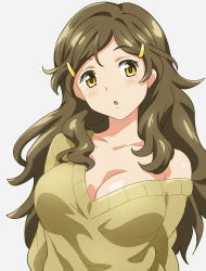 Rule 34 | 1girl, bare shoulders, blush, breasts, brown hair, cleavage, female focus, green hair, hair ornament, hairclip, hairu, large breasts, long hair, looking at viewer, off shoulder, open mouth, shinomiya himawari, simple background, solo, sweater, upper body, vividred operation, white background, yellow eyes