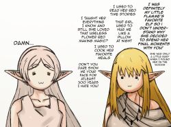 Rule 34 | 2girls, =w= face, basedlida, blonde hair, elf, feet out of frame, frieren, jewelry, long hair, multiple girls, necklace, pointy ears, serie (sousou no frieren), simple background, sousou no frieren, talking, tears, thick eyebrows, toga, upper body, white background, white hair