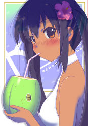 Rule 34 | 1girl, absurdres, black hair, blush, brown eyes, coconut, covered erect nipples, drinking straw, flower, highres, k-on!, long hair, nakano azusa, one-piece swimsuit, r1, solo, swimsuit, tan, twintails, white one-piece swimsuit
