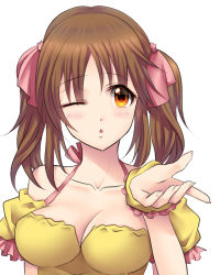 Rule 34 | 10s, 1girl, ;o, bad id, bad pixiv id, bare shoulders, blowing kiss, blush, breasts, brown hair, cleavage, collarbone, commentary request, dress, female focus, hair ornament, hair ribbon, idolmaster, idolmaster cinderella girls, kiss day, kukua (mosushi), looking at viewer, medium breasts, neck, one eye closed, open mouth, orange eyes, pink ribbon, ribbon, scrunchie, simple background, solo, totoki airi, twintails, upper body, white background, wink, wrist scrunchie, yellow dress