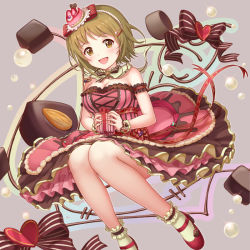 Rule 34 | 1girl, blush, breasts, brown eyes, brown hair, cake hair ornament, chocolate, circle skirt, cleavage, dress, food, food-themed hair ornament, frilled socks, frills, hair ornament, heart, idol, idolmaster, idolmaster cinderella girls, idolmaster cinderella girls starlight stage, knees together feet apart, large breasts, looking at viewer, mimura kanako, moai (aoh), open mouth, ribbon, short hair, smile, socks, solo