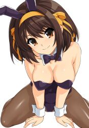 Rule 34 | 1girl, animal ears, bare shoulders, black bow, black bowtie, black leotard, bow, bowtie, breasts, brown eyes, brown hair, brown pantyhose, cleavage, closed mouth, collarbone, detached collar, fake animal ears, hair ribbon, hairband, haruhisky, highres, large breasts, leotard, medium hair, official alternate costume, pantyhose, playboy bunny, rabbit ears, ribbon, simple background, sitting, smile, solo, strapless, strapless leotard, suzumiya haruhi, suzumiya haruhi no yuuutsu, white background, white wrist cuffs, wrist cuffs, yellow hairband, yellow ribbon
