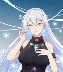 Rule 34 | 1girl, 7t, absurdres, bare shoulders, black sweater, blue background, breasts, closed mouth, earrings, highres, honkai (series), honkai impact 3rd, jewelry, kiana kaslana, kiana kaslana (herrscher of the void), large breasts, long hair, looking at viewer, ribbed sweater, smile, snowflakes, solo, sweater, upper body, white hair, yellow eyes