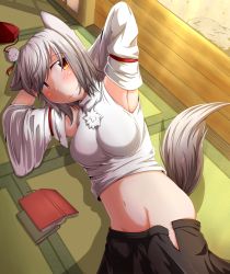 Rule 34 | 1girl, animal ears, blush, book, breasts, chickenman, detached sleeves, groin, hat, inubashiri momiji, looking at viewer, lying, midriff, navel, on side, pom pom (clothes), red eyes, short hair, silver hair, skirt, smile, solo, tail, tatami, tokin hat, touhou, wolf ears, wolf tail
