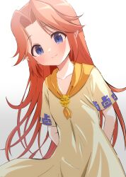 Rule 34 | 1girl, absurdres, artina, blue eyes, blush, child, dress, female focus, highres, long hair, looking at viewer, malon, neckerchief, nintendo, orange hair, orange neckerchief, parted bangs, pointy ears, short sleeves, sidelocks, simple background, smile, solo, the legend of zelda, the legend of zelda: ocarina of time, very long hair