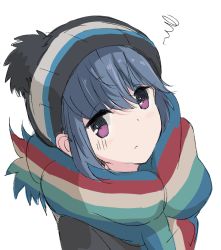 Rule 34 | 1girl, black jacket, blue hair, closed mouth, commentary request, core (mayomayo), eyes visible through hair, from above, highres, jacket, light blush, long hair, looking at viewer, multicolored clothes, multicolored scarf, pom pom (clothes), pout, purple eyes, scarf, shadow, shima rin, simple background, solo, upper body, white background, woollen cap, yurucamp
