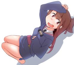 Rule 34 | 10s, 1girl, bare legs, barefoot, blush, breasts, brown hair, collared shirt, dress, feet, houtei kara, kagari atsuko, little witch academia, long hair, long sleeves, lying, necktie, on back, open mouth, red eyes, shadow, shirt, sidelocks, simple background, small breasts, smile, solo, teeth, thighs, white background, wide sleeves