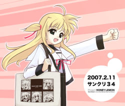 Rule 34 | 00s, 1girl, :d, ahoge, arisa bunnings, bag, blonde hair, blue eyes, bow, breasts, clenched hand, dress, green eyes, hair ribbon, long sleeves, looking at viewer, lyrical nanoha, mahou shoujo lyrical nanoha, open mouth, outstretched arm, pink bow, red ribbon, ribbon, school uniform, serafuku, simple background, smile, solo, tsukigami runa, twintails, upper body, white dress