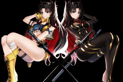 Rule 34 | 2girls, black background, black eyes, black hair, bodysuit, boots, cross-laced footwear, earrings, fate/grand order, fate (series), faton, fingerless gloves, gloves, highres, hoop earrings, ishtar (fate), jewelry, katana, lace-up boots, midriff, mirror twins, multicolored hair, multiple girls, red eyes, red hair, space ishtar (fate), space ishtar (first ascension) (fate), space ishtar (second ascension) (fate), sword, two-tone hair, weapon