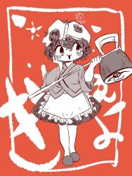 Rule 34 | 1other, androgynous, apron, bad id, bad source, blush stickers, dated, frilled apron, frills, full body, greyscale with colored background, hakama, hakama short skirt, hakama skirt, hammer, hand on own cheek, hand on own face, helmet, highres, holding, holding hammer, japanese clothes, katano sukune, katano sukune&#039;s bottle opener, kimono, len&#039;en, looking at object, open mouth, red background, red theme, short hair, signature, skirt, slippers, smile, solo, source request, sun, waist apron, yukkyon kyon