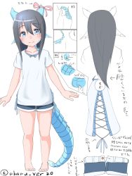 Rule 34 | 1girl, barefoot, black hair, blue eyes, blue shirt, blue shorts, blush, closed mouth, collarbone, commentary request, dragon girl, dragon horns, dragon tail, fins, hair between eyes, head fins, head tilt, highres, horn ornament, horn ribbon, horns, kagarimachi konatsu, leaf-chan, long hair, looking at viewer, multiple views, multiple wings, original, pigeon-toed, pink ribbon, ribbon, scales, shirt, short shorts, short sleeves, shorts, sidelocks, smile, standing, tail, translation request, twitter username, white shirt, wings
