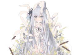 Rule 34 | 1girl, black ribbon, blue bow, blue eyes, blush, bow, collarbone, commentary request, covered mouth, dress, grey hair, hair between eyes, hair bow, highres, kushida you, long hair, looking at viewer, original, puffy short sleeves, puffy sleeves, ribbon, short sleeves, simple background, solo, stuffed animal, stuffed rabbit, stuffed toy, very long hair, white background, white dress