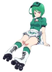 Rule 34 | 1girl, apron, arm support, breasts, closed mouth, commentary, copyright name, dolldolldd, english commentary, full body, green hair, green shirt, green socks, highres, invisible chair, kiratto pri chan, looking at viewer, medium breasts, midorikawa sara, pink eyes, pretty series, puffy short sleeves, puffy sleeves, roller skates, shirt, short hair, short sleeves, simple background, sitting, skates, smile, socks, solo, visor cap, waist apron, waitress, white apron, white background, white footwear