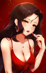 Rule 34 | 1girl, bare shoulders, black hair, blush, bracelet, breasts, cleavage, commentary request, cosmetics, dress, earrings, forehead, hand up, highres, holding, jewelry, lipstick tube, liu guniang, long hair, medium breasts, mole, mole under eye, original, parted bangs, parted lips, red dress, red lips, sleeveless, sleeveless dress, solo, star (symbol), star earrings, upper body, very long hair, yellow eyes