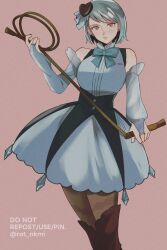 Rule 34 | 1girl, ace attorney, alternate costume, artist name, bare shoulders, blue bow, blue bowtie, blue hair, bow, bowtie, bridal gauntlets, brown background, brown eyes, closed mouth, detached sleeves, dress, ear piercing, eyelashes, franziska von karma, hair ornament, heart, heart hair ornament, highres, holding, holding whip, mole, mole under eye, pantyhose, phoenix wright: ace attorney - justice for all, piercing, rat nkmi, short hair, simple background, sleeveless, sleeveless dress, solo, standing, twitter username