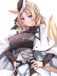 Rule 34 | 1girl, animal ear fluff, animal ears, arknights, armor, black headwear, blonde hair, blue eyes, cape, closed mouth, commentary request, framed breasts, grey jacket, grey shirt, hands on own hips, highres, horse ears, horse tail, jacket, long hair, long sleeves, shirt, smile, solo, suterii, tail, thick eyebrows, upper body, whislash (arknights), white cape