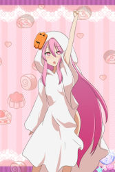 Rule 34 | 1girl, :o, arm up, cato (monocatienus), clenched hand, commentary request, eyes visible through hair, food-themed background, ghost costume, hair between eyes, halloween costume, hata no kokoro, heart, highres, hood, hood up, hooded robe, long hair, looking at viewer, mask, mask on head, open mouth, pink hair, pumpkin mask, red eyes, robe, sidelocks, solo, touhou, very long hair, white robe
