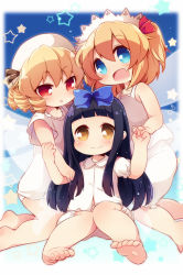 Rule 34 | 3girls, :d, barefoot, black hair, blonde hair, blue eyes, bow, commentary request, drill hair, fairy wings, fang, hair bow, holding hands, hat, headdress, kneeling, long hair, looking at viewer, luna child, matatabi (nigatsu), multiple girls, open mouth, pajamas, red eyes, short hair, sitting, smile, star (symbol), star sapphire, sunny milk, touhou, wings