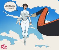 1boy 1girl anissa_(invincible) black_hair blue_eyes bodysuit breasts cell_(dragon_ball) cloud commentary_request crossover dragon_ball dragonball_z english_text floating godvore grey_bodysuit highres invincible_(series) large_breasts semi-perfect_cell short_hair stinger tail