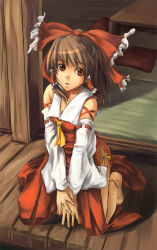 Rule 34 | 1girl, akino komichi, ascot, bare shoulders, bow, brown hair, collar, detached sleeves, dress, feet, female focus, frilled bow, frills, hair bow, hair ribbon, hair tubes, hakurei reimu, japanese clothes, kneeling, looking at viewer, miko, neck ribbon, no shoes, pleated skirt, red bow, red dress, red ribbon, ribbon, ribbon-trimmed sleeves, ribbon trim, short hair, skirt, solo, tabi, temple, thighs, touhou, white collar, white sleeves, wind, wooden floor, wooden wall, yellow ascot