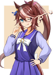 Rule 34 | 1girl, absurdres, animal ears, bespectacled, black-framed eyewear, blue eyes, border, bow, bowtie, brown background, brown hair, closed mouth, commentary request, cowboy shot, ear ornament, glasses, hair between eyes, hand on own hip, high ponytail, highres, horse ears, horse girl, horse tail, long hair, long sleeves, looking at viewer, one eye closed, pink bow, pleated skirt, ponytail, purple serafuku, purple shirt, purple skirt, ribbon, sailor collar, school uniform, serafuku, shirt, simple background, skirt, sky wing12, smile, solo, star (symbol), tail, tokai teio (umamusume), tongue, tongue out, tracen school uniform, umamusume, very long hair, white border, white bow, winter uniform