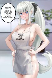 Rule 34 | apron, bare arms, bare shoulders, black bow, blue eyes, blush, bow, braid, breasts, cleavage, clothes writing, collarbone, cowboy shot, english text, fate/grand order, fate (series), grey hair, hair bow, hands on own hips, highres, indoors, large breasts, long hair, looking at viewer, morgan le fay (fate), naked apron, open mouth, plant, ponytail, potted plant, raskasar, sidelocks, speech bubble, very long hair, white apron