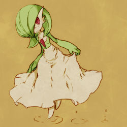 Rule 34 | 1girl, bob cut, closed mouth, colored skin, creatures (company), female focus, flat chest, full body, game freak, gardevoir, gen 3 pokemon, green hair, green skin, hair over one eye, happy, leg up, looking to the side, lowres, multicolored skin, nintendo, one eye covered, oyama yoihaya, pokemon, pokemon (creature), red eyes, ripples, short hair, simple background, smile, solo, standing, standing on one leg, two-tone skin, white skin, yellow background