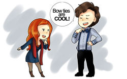 Rule 34 | 1boy, 1girl, amy pond, black footwear, black pants, blue dress, blue neckwear, boots, bow, bowtie, brown footwear, brown hair, chibi, doctor who, dress, eleventh doctor, english text, closed eyes, hand on own hip, lensu, long hair, looking at another, orange hair, pants, pantyhose, pinstripe pattern, pinstripe shirt, scarf, shirt, shoes, sidelocks, speech bubble, standing, suspenders, the doctor, truth