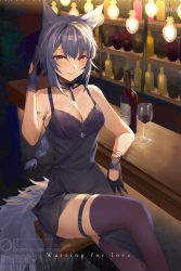 Rule 34 | 1girl, alternate costume, animal ears, arknights, bar (place), bare arms, bare shoulders, blush, bottle, braid, breasts, chinese commentary, cleavage, commentary request, cup, dress, drinking glass, feet out of frame, gloves, highres, hongbaise raw, indoors, large breasts, long hair, looking at viewer, medium breasts, provence (arknights), purple dress, purple gloves, purple hair, purple thighhighs, sitting, sleeveless, sleeveless dress, smile, solo, tail, thigh strap, thighhighs, thighs, very long hair, wine bottle, wine glass, wolf ears, wolf tail, yellow eyes