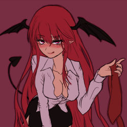 Rule 34 | 1girl, arm support, bat wings, black skirt, blush, breasts, cleavage, collarbone, come hither, demon tail, dress shirt, eyelashes, head wings, koakuma, large breasts, leaning forward, licking lips, lips, long hair, looking at viewer, miata (miata8674), miniskirt, necktie, unworn necktie, open clothes, open shirt, pointy ears, purple eyes, red hair, shirt, simple background, skirt, solo, tail, tongue, tongue out, touhou, very long hair, wings