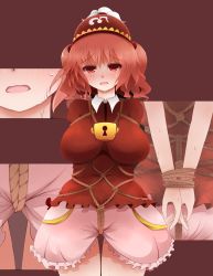 Rule 34 | 1girl, arano oki, bdsm, between legs, blush, bondage, bound, bound wrists, breasts, clothes lift, collared shirt, d:, frilled skirt, frills, hair bobbles, hair ornament, hat, highres, kawashiro mitori, large breasts, lock, open mouth, original, red eyes, red hair, rope, shirt, short hair, short twintails, skirt, skirt lift, solo, sweat, thigh gap, touhou, twintails, wavy mouth