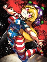 Rule 34 | 1girl, absurdres, alternate breast size, american flag dress, american flag legwear, ass, blonde hair, breasts, clownpiece, fairy, grin, hair between eyes, hat, highres, jester cap, large breasts, long hair, outstretched arms, pantyhose, piaki, pink eyes, polka dot, purple hat, short sleeves, smile, solo, spread arms, standing, standing on one leg, touhou