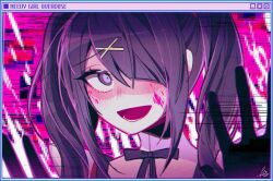 Rule 34 | 1girl, ame-chan (needy girl overdose), black ribbon, blood, blood on face, blush, copyright name, glitch, hair ornament, hair over one eye, hairclip, looking at viewer, neck ribbon, needy girl overdose, nn eul 01, open mouth, pink blood, purple eyes, purple hair, ribbon, shaded face, smile, solo, twintails, upper body, window (computing), x hair ornament
