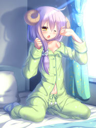 Rule 34 | 1girl, absurdres, ahoge, bad id, bad pixiv id, bed, bed sheet, blush, breasts, buttons, cleavage, collarbone, collared shirt, curtains, eyebrows, hair between eyes, highres, horns, long hair, long sleeves, muraji0419, navel, one eye closed, open mouth, original, pajamas, pillow, pom pom (clothes), purple hair, scrunchie, sheep horns, shirt, sitting, small breasts, socks, solo, star (symbol), sunlight, unbuttoned, window, yellow eyes