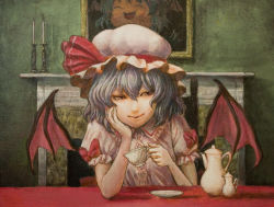 Rule 34 | 1girl, acrylic paint (medium), arm support, bat wings, blue hair, candle, capelet, cup, facing viewer, female focus, fireplace, hat, head rest, looking away, mantel, painting (medium), painting (object), realistic, red eyes, remilia scarlet, short hair, solo, teacup, teapot, touhou, traditional media, tsun (tsutaya01), wings, yukkuri shiteitte ne