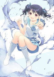 Rule 34 | 1girl, :d, black hair, blue bow, blue nails, blue sailor collar, blue skirt, blush, boots, bow, collarbone, commentary request, fangs, frilled boots, frilled footwear, frills, fukumaru koito, full body, hair between eyes, hair bow, highres, idolmaster, idolmaster shiny colors, knee boots, looking at viewer, nail polish, open mouth, outstretched arm, pleated skirt, purple eyes, sailor collar, shirt, signature, skirt, sleeveless, sleeveless shirt, smile, solo, twintails, twitter username, water, white footwear, white shirt, yoshino ryou