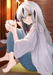 Rule 34 | 1boy, 1girl, alcohol, barefoot, black hair, blue pants, blush, bowl, commentary request, cup, denim, drinking glass, fate/grand order, fate (series), green eyes, grey hair, hair between eyes, highres, holding, holding cup, jeans, kugatunohito, long hair, looking at viewer, multicolored hair, nagao kagetora (fate), pants, shirt, smile, streaked hair, table, white shirt