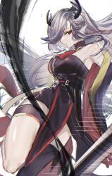 Rule 34 | 1girl, animal ears, antlers, arknights, armpits, black dress, boots, breasts, coin, commentary, deer antlers, deer ears, deer girl, dress, earrings, feet out of frame, floating hair, grey hair, highres, holding, holding sword, holding weapon, holed coin, horns, jewelry, knee boots, konota ko, large breasts, long hair, looking at viewer, one-hour drawing challenge, parted lips, pelvic curtain, qiubai (arknights), red eyes, simple background, single knee boot, sleeveless, sleeveless dress, solo, sword, thigh strap, very long hair, weapon, white background
