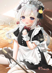 Rule 34 | 1girl, absurdres, alternate costume, apron, azur lane, black dress, blue eyes, blush, bow, bowtie, crying, dress, enmaided, flandre (azur lane), flandre (if love is a sin thou art forgiven) (azur lane), grey hair, hair bow, highres, long hair, looking at viewer, low twintails, maid, maid apron, maid headdress, on floor, open mouth, pantyhose, puffy short sleeves, puffy sleeves, red bow, red bowtie, short sleeves, sitting, tsuri pi, twintails, twitter username, wavy mouth, white apron, white pantyhose, wrist cuffs