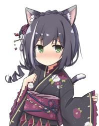 Rule 34 | 1girl, animal ear fluff, animal ears, black hair, black kimono, blush, braid, cat ears, cat girl, cat tail, commentary request, crown braid, floral print, flower, frown, green eyes, hair flower, hair ornament, hand on own chest, japanese clothes, karyl (new year) (princess connect!), karyl (princess connect!), kimono, long sleeves, looking at viewer, obi, princess connect!, sash, simple background, solo, tail, toro th, white background, white hair, wide sleeves