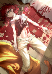 Rule 34 | 1girl, blood, death, flower, glasses, guro, knife, lying, midriff, murder, on back, open clothes, original, realmbw, red hair, solo, stab, unbuttoned, violence