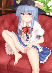 Rule 34 | 1girl, arm at side, bare legs, barefoot, black hat, black skirt, blue hair, blurry, bookshelf, bow, bowtie, center frills, check commentary, closed mouth, commentary request, couch, depth of field, eyelashes, feet, food, frilled skirt, frills, fruit, hat, highres, hinanawi tenshi, indoors, leaf, long hair, momo retasu, on couch, panties, peach, pink panties, plant, potted plant, puffy short sleeves, puffy sleeves, pussy juice stain, red bow, red bowtie, red eyes, shirt, short sleeves, sidelocks, sitting, skirt, smile, soles, solo, sweat, toes, touhou, underwear, upskirt, very long hair, white shirt