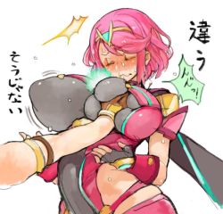Rule 34 | 1boy, 1girl, armor, blush, bodysuit, grabbing another&#039;s breast, breasts, circlet, deep skin, closed eyes, fingerless gloves, gloves, grabbing, groping, headdress, hetero, hip focus, huge breasts, nintendo, pink hair, puffy nipples, pyra (xenoblade), raised eyebrow, red hair, rex (xenoblade), sachito, short hair, simple background, skindentation, sweat, translation request, wavy mouth, white background, xenoblade chronicles (series), xenoblade chronicles 2, xenoblade chronicles (series), xenoblade chronicles 2