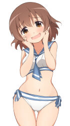 Rule 34 | 1girl, :d, bikini, blue neckerchief, blue sailor collar, blush, breasts, brown eyes, brown hair, collarbone, commentary request, cowboy shot, furrowed brow, gluteal fold, hair between eyes, hands on own cheeks, hands on own face, head tilt, highres, idolmaster, idolmaster cinderella girls, kita hinako, kuwahara, light blush, looking at viewer, navel, neckerchief, open mouth, sailor bikini, sailor collar, sailor swimsuit (idolmaster), short hair, side-tie bikini bottom, simple background, small breasts, smile, solo, swimsuit, thigh gap, wavy mouth, white background, white bikini, white swimsuit