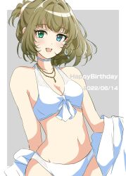 Rule 34 | 1girl, alternate hairstyle, bare shoulders, bikini, blue eyes, blush, border, breasts, choker, cleavage, collarbone, dot nose, earrings, front-tie bikini top, front-tie top, green eyes, grey background, happy birthday, heterochromia, highres, idolmaster, idolmaster cinderella girls, idolmaster cinderella girls starlight stage, jacket, jewelry, looking at viewer, medium breasts, mole, mole under eye, navel, necklace, off shoulder, open mouth, outside border, potesara888, short hair, simple background, smile, solo, swimsuit, takagaki kaede, unworn jacket, white bikini, white border, white choker, white jacket
