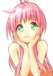 Rule 34 | 1girl, ahoge, covering privates, covering breasts, engawa (rarenago), green eyes, hands on own cheeks, hands on own face, lala satalin deviluke, long hair, looking at viewer, nude, pink hair, simple background, smile, solo, to love-ru