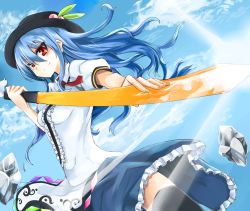 Rule 34 | 1girl, black thighhighs, blue hair, day, female focus, frills, from below, hat, highres, hinanawi tenshi, lens flare, long hair, red eyes, rock, sky, smile, solo, sword, sword of hisou, thighhighs, touhou, weapon, yoshizawa tsubaki