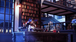 Rule 34 | 1girl, absurdres, alcohol, ankle ribbon, black thighhighs, blue flower, book, book stack, bookshelf, bottle, breasts, brown hair, candle, candlelight, candlestand, cii (1415509675), cleavage, crossed legs, cup, desk, drinking glass, fire, flower, genshin impact, green eyes, hat, hat flower, highres, holding, holding book, huge filesize, ink bottle, lantern, large breasts, leg ribbon, legs on table, library, lisa (genshin impact), long hair, looking at viewer, night, night sky, purple flower, purple hat, quill, railing, ribbon, rose, short sleeves, sky, solo, stairs, thighhighs, thighs, vase, window, wine, wine bottle, wine glass, witch hat