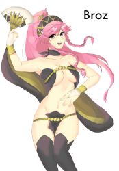 Rule 34 | 1girl, archived source, artist name, bare shoulders, blush, bracelet, braid, breasts, brozoco, cape, choker, collaboration, collarbone, curvy, dancing, facing viewer, fingerless gloves, fire emblem, fire emblem awakening, fire emblem heroes, gloves, groin, hair between eyes, hair ornament, hand fan, headband, highres, jewelry, light blush, long hair, looking at viewer, medium breasts, navel, nintendo, olivia (fire emblem), open mouth, pelvic curtain, pink eyes, pink hair, ponytail, revealing clothes, smile, solo, thighhighs, thighs, tridisart, very long hair, white background, wide hips