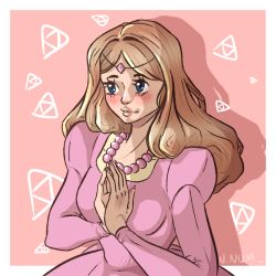 Rule 34 | 1girl, blue eyes, blush, breasts, brown hair, dress, hand up, jewelry, long hair, necklace, nintendo, pink dress, pointy ears, princess zelda, solo, the legend of zelda, the legend of zelda (nes), tiara, triforce, upper body, zelda ii: the adventure of link